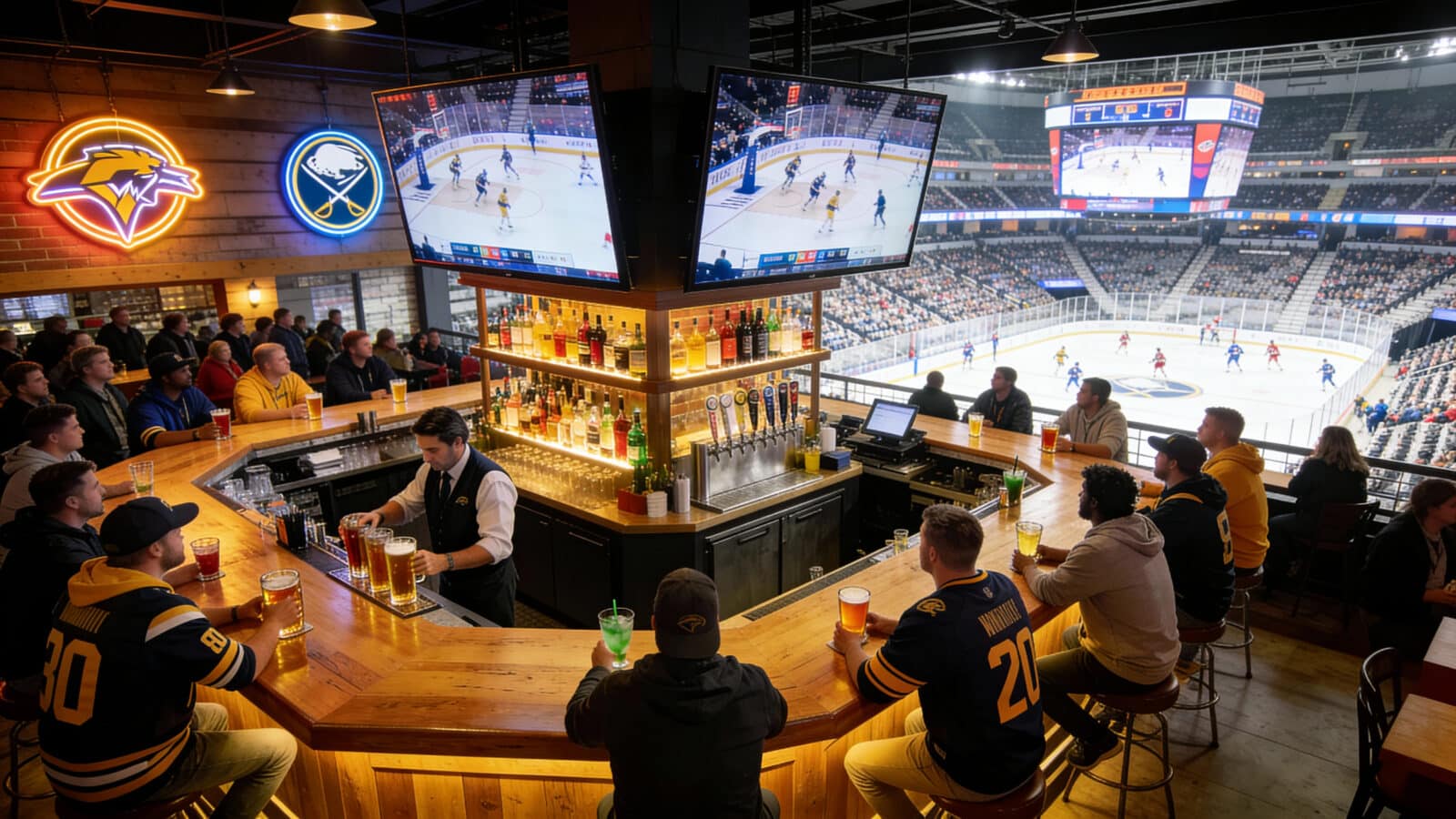 Image of TV screens at a bar located inside a sports arena